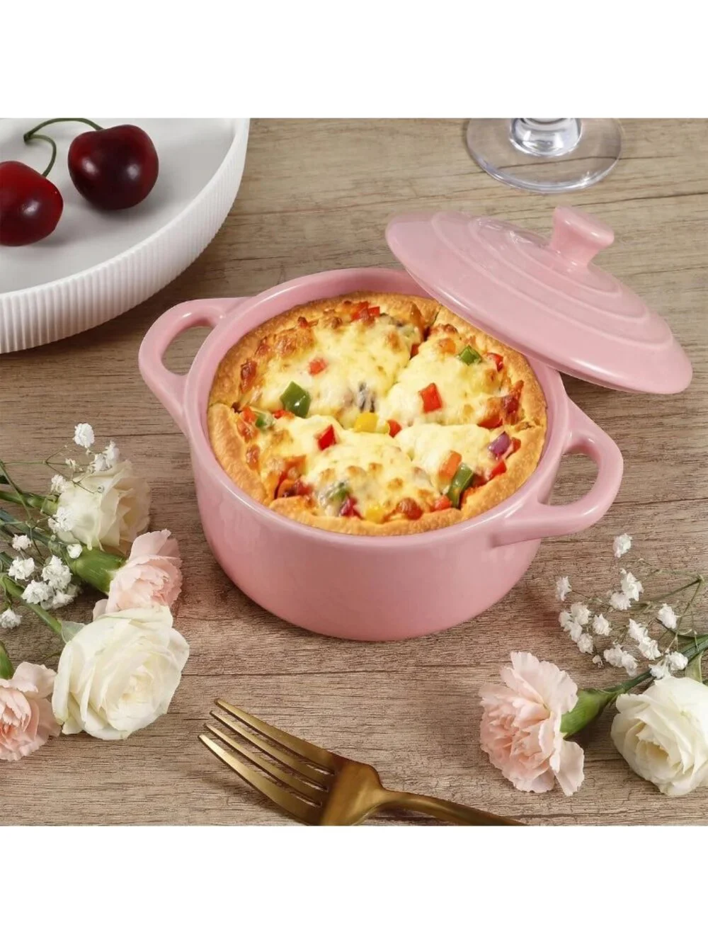 4-Piece Mini Cocotte Set - 16 oz Individual Baking Ramekins in Pink - Perfect